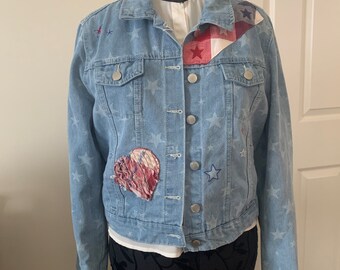Red white and blue S/M farmhouse jacket, Americana Upcycled jean jacket,