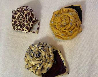 Yellow flower brooch from upcycled necktie, hat or shawl rose pin