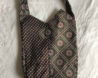 Cross body bag in Green  brown Upcycled ties, small adjustable tie phone purse