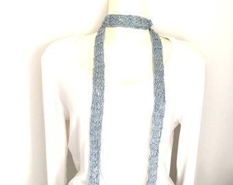 Skinny cotton choker scarf, mini knit tie,  denim look fringe belt