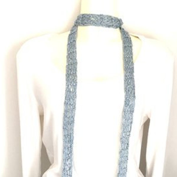 Skinny cotton choker scarf, mini knit tie,  denim look fringe belt