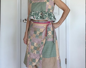 Lined Quilt top wrap skirt with buttons and tie, crop top and skirt matching set