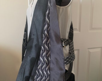 L Upcycled tie vest in black and gray neckties with woven back