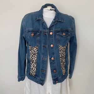 Animal print accents on denim jacket,  upcycled cotton jean jacket