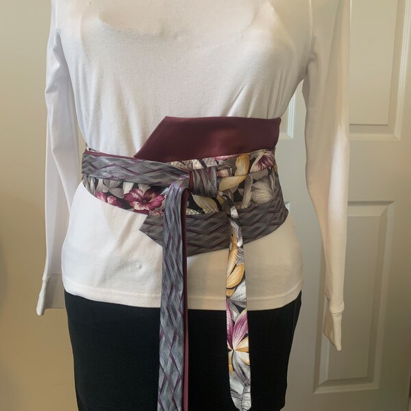 Obi belt with upcycled coordinating neckties, purple berry, gray and a palm tree pattern tie