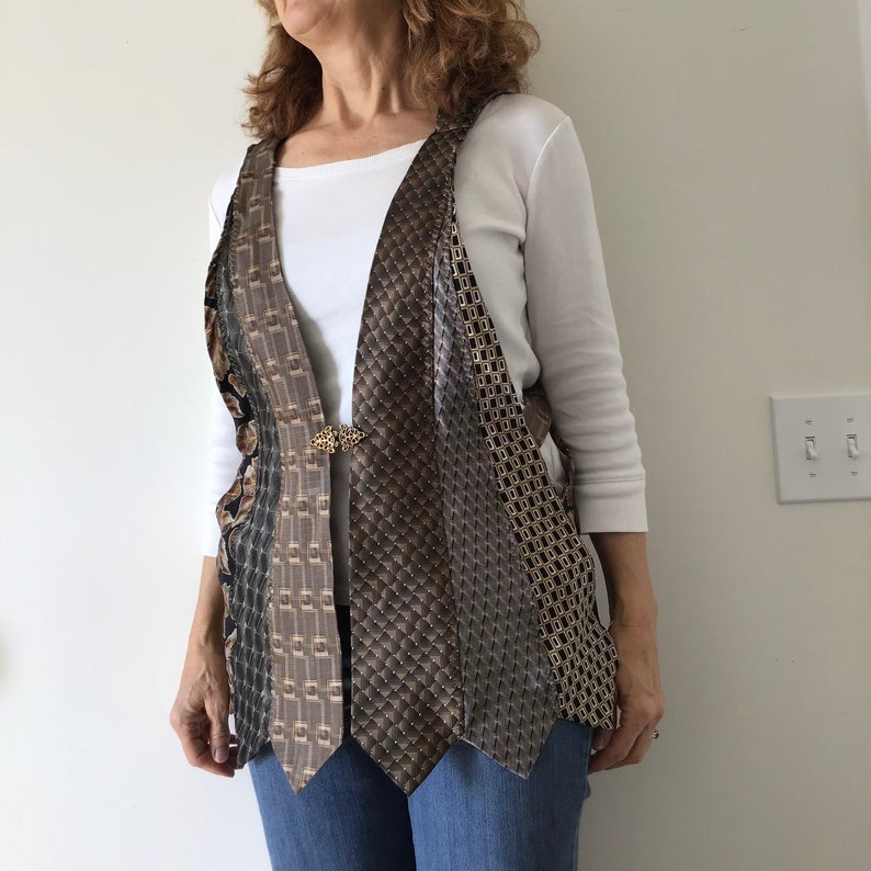 S M L Tan black Upcycled tie vest tunic woven back custom sized recycled neckties top