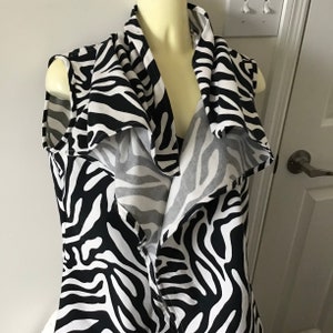 Zebra animal print vest with wide collar,  XS black and white sleeveless tunic