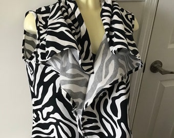 Zebra animal print vest with wide collar,  XS black and white sleeveless tunic