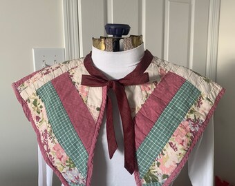 Collar from vintage quilt, extra wide collar cape with silk tie