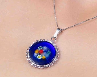 Murano Glas Millefiori Blau Halskette - Made in Italy Geschenkbox inklusive