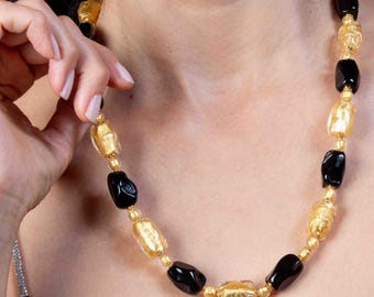 Murano Glas Halskette mit Schwarzen und 24k Vergoldeten Blatt Perlen - Geschenk inklusive