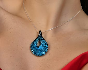 Murano Glass Blue Pendant with Silver Leaf – Handmade in Italy Gift Box & Certificate included