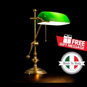 Authentic Italian Brass Banker’s Lamp "MICHELANGELO" - Green Glass Lawyer Light, Luxury Library Lamp Made in Italy (Free Shipping)