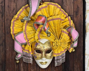 "Handgemachte venezianische Karnevalsmaske ""SYMPHONY"" - Papiermaché aus 24k Blattgold & Muranoglas."