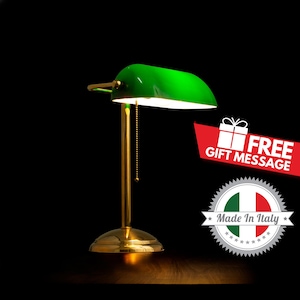 Elegant Italian Brass Lamp "DONATELLO" - Original Green Glass Banker’s Light, Luxury Library Decor Made in Italy (Free Shipping)