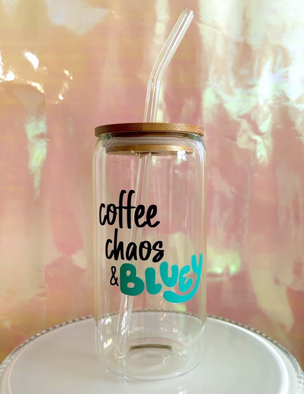 Bluey Glass Can 16oz Cup Lid & Straw Includediced Coffee 