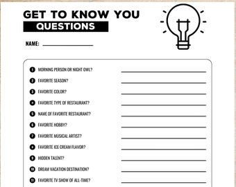 Get To Know You Questions| Favorites Icebreaker Survey | Coworker About Me Questionnaire List | Counseling Group Meeting  Work Printable Pdf