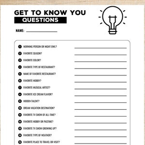 Get To Know You Questions| Favorites Icebreaker Survey | Coworker About Me Questionnaire List | Counseling Group Meeting  Work Printable Pdf