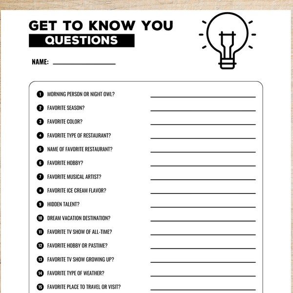 Get To Know You Questions| Favorites Icebreaker Survey | Coworker About Me Questionnaire List | Counseling Group Meeting  Work Printable Pdf