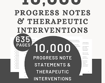 Therapy Progress Note Statements | Therapeutic Intervention Assessment Counselor Plan Workbook Therapist Treatment Session Cheat Sheet Tool