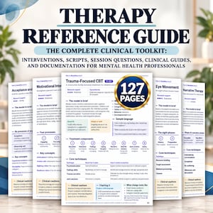 May include: A therapy reference guide titled The Complete Clinical Toolkit, featuring 127 pages of interventions, scripts, and clinical documentation for mental health professionals. The pages display structured information on various therapeutic modalities.