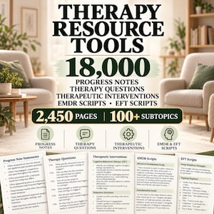 Op de afbeelding: Een digitale verzameling therapie-hulpmiddelen met 18.000 voortgangsnotities, therapievragen, therapeutische interventies, EMDR-scripts en EFT-scripts verdeeld over 2.450 pagina's en 100+ subonderwerpen, getoond met voorbeeldpagina's.