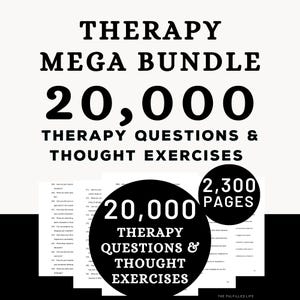 Op de afbeelding: Een digitale documentencollectie getiteld Therapy Mega Bundle 20,000 Therapy Questions & Thought Exercises. De afbeelding bevat zwarte tekst op een witte achtergrond en benadrukt 2.300 pagina's inhoud met een grote zwarte cirkel.