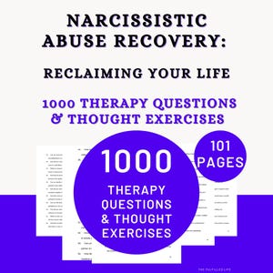 Puede incluir: Portada de libro con el título "Narcissistic Abuse Recovery: Reclaiming Your Life". Presenta el texto "1000 Therapy Questions & Thought Exercises" y "101 Pages" en un círculo morado. El fondo es blanco.