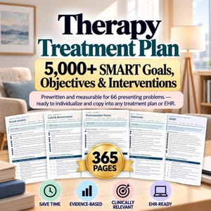 May include: A Therapy Treatment Plan document featuring 5,000+ SMART Goals, Objectives & Interventions across 365 pages. The text covers 66 presenting problems including Social Anxiety, Grief, Posttraumatic Stress, Depression, and ADHD.