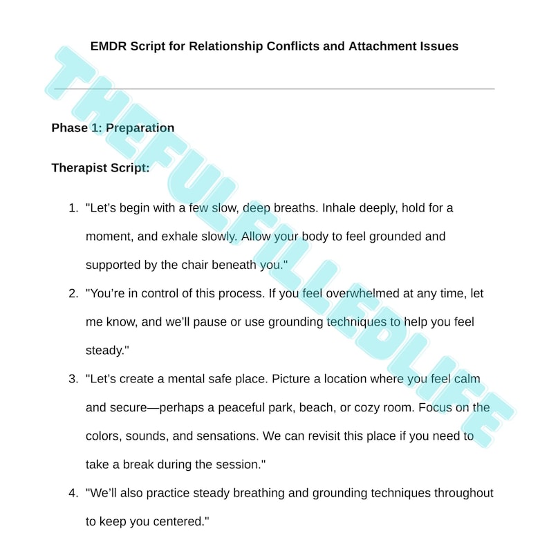 May include: A black and white printable worksheet with the text "EMDR Script for Relationship Conflicts and Attachment Issues" and "Phase 1: Preparation" and "Therapist Script:" followed by a list of four steps for a therapist to use when working with a client.