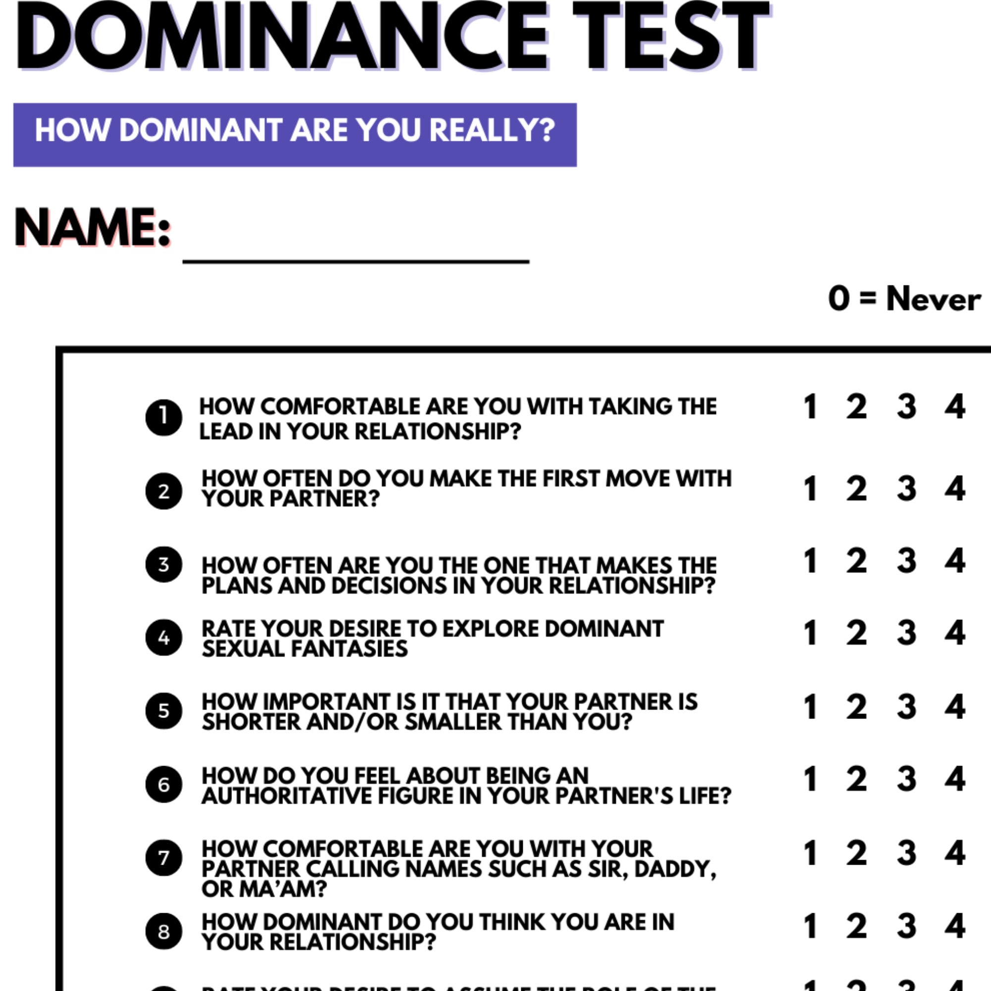 Dominant Test Questionnaire Bdsm Quiz Questions Activities Etsy