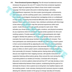 Puede incluir: Texto de un documento titulado "Mapeo de los tres sistemas emocionales" que describe un ejercicio de 60 minutos. Explica el modelo CFT de los tres sistemas de regulaci&oacute;n emocional: amenaza, impulso y calma. El texto proporciona instrucciones.