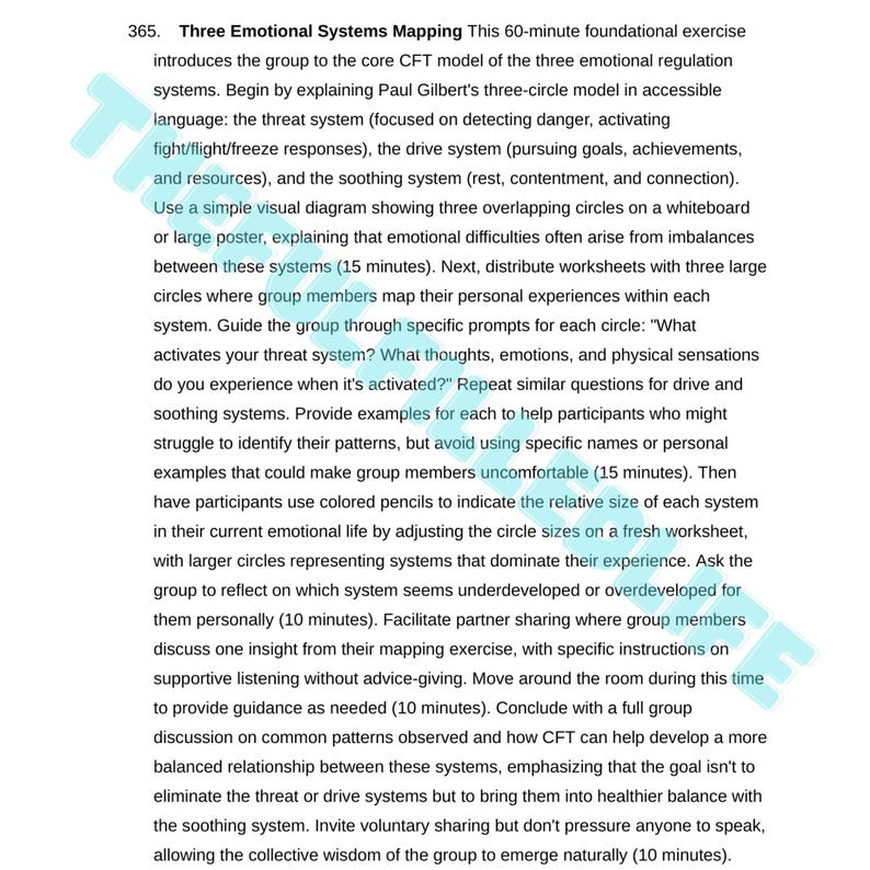 Puede incluir: Texto de un documento titulado "Mapeo de los tres sistemas emocionales" que describe un ejercicio de 60 minutos. Explica el modelo CFT de los tres sistemas de regulaci&oacute;n emocional: amenaza, impulso y calma. El texto proporciona instrucciones.