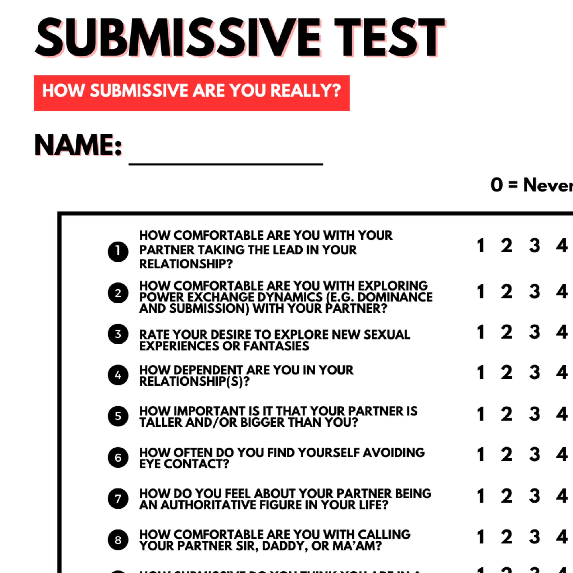 Submissive Test Questionnaire Bdsm Quiz Questions (Download Now) - Etsy