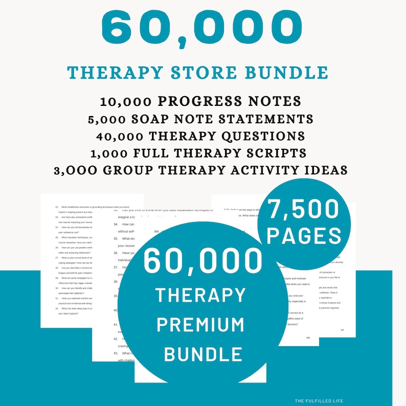 Puede incluir: Un gr&aacute;fico turquesa que promociona un paquete de tienda de terapia. El texto incluye "60,000 Therapy Store Bundle", que enumera 10,000 notas de progreso, 5,000 declaraciones de notas SOAP, 40,000 preguntas de terapia, 1,000 guiones e ideas de actividades. Un c&iacute;rculo turquesa indica "60,000 Therapy Premium Bundle" y "7,500 p&aacute;ginas."