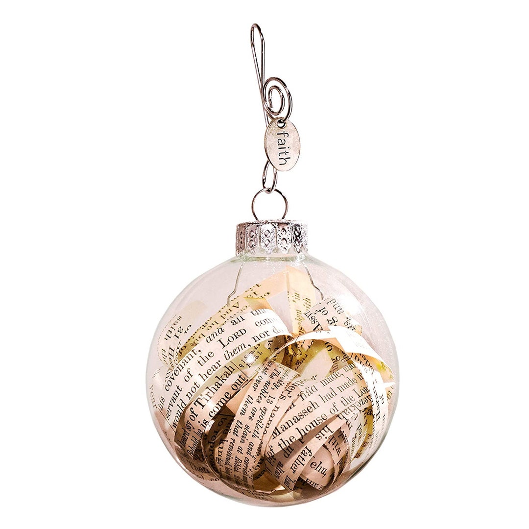 Glass Globe Gift Ornament Featuring Antique Bible Pages With Faith