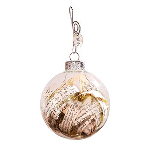 Glass Globe Gift Ornament Featuring Antique Bible Pages with Faith Charm & Quote Card
