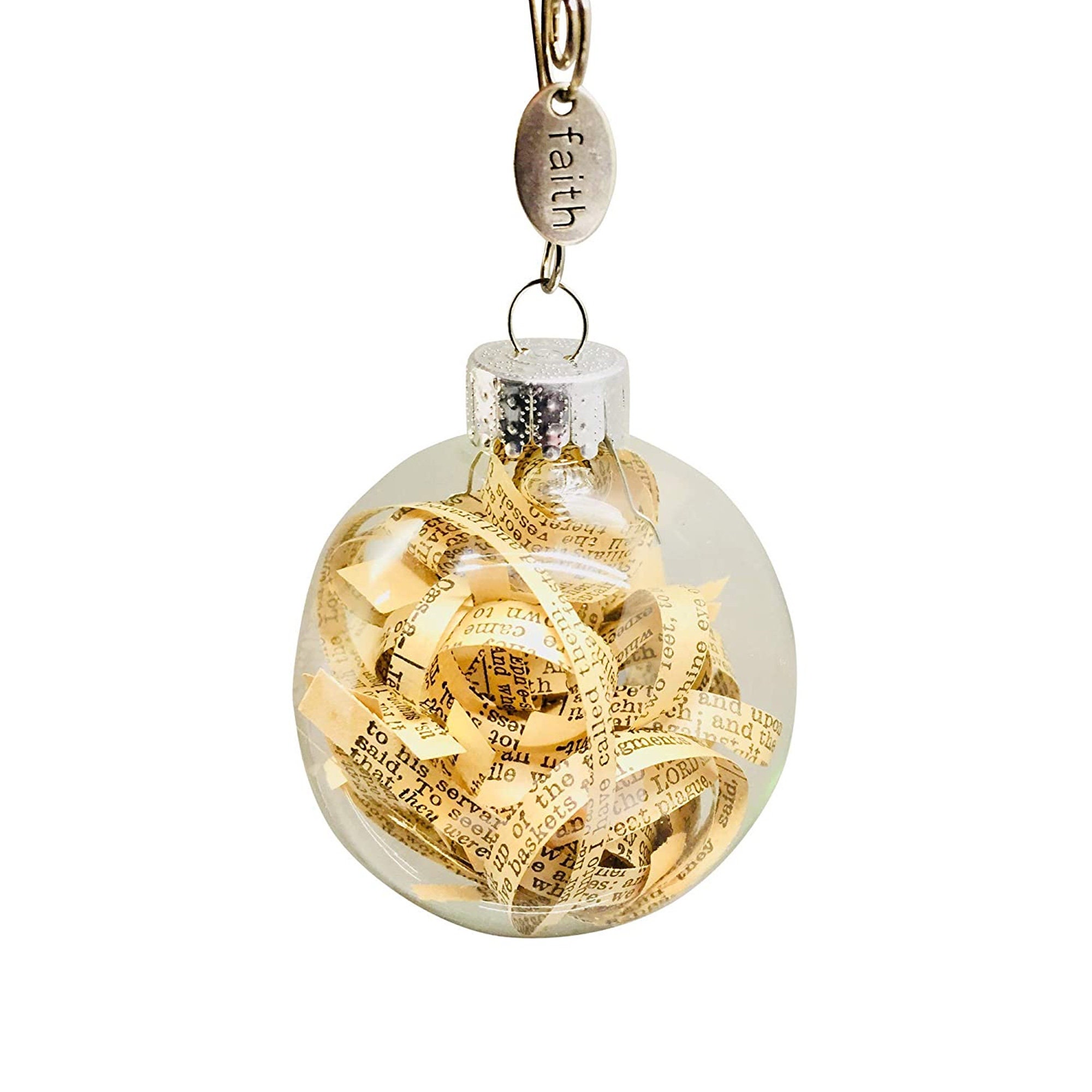Glass Globe Gift Ornament Featuring Antique Bible Pages With Faith