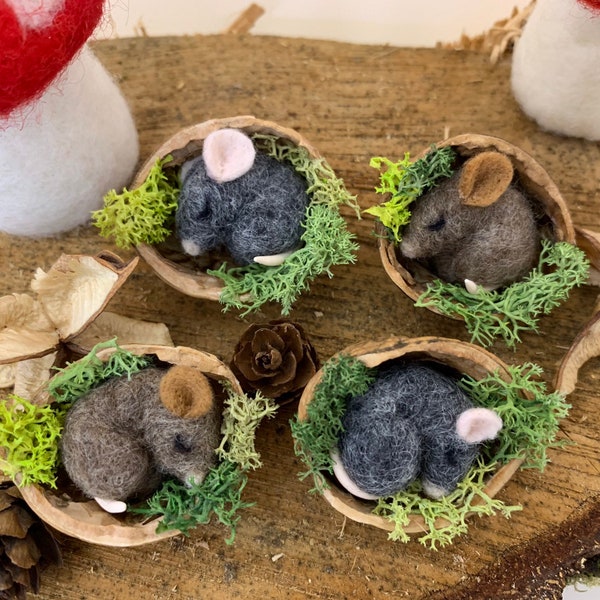 Cute Mouse in a walnut shell, curled up sleepy Mice, Handmade Rustic Unique gift, wildlife, animal lover gift