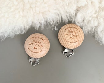 Wooden Little Princess Clips/ Little Prince/ Natural Wood Pacifier Clip/ Natural Wood Dummy Holder/ Wood Suspender Clip/ Organic Beech Wood