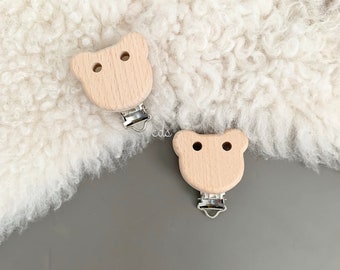 Wooden Bear Clips/ Natural Wood Pacifier Clip/ Natural Wood Dummy Holder/ Wood Suspender Clip/ Organic Beech Wood