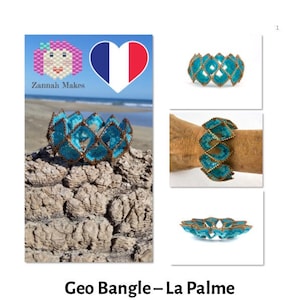 May include: A turquoise blue and gold beaded bracelet with a geometric design. The bracelet is called "Geo Bangle - La Palme" and is a pattern by Zannah Makes.