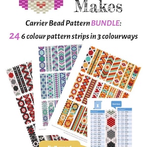 Op de afbeelding: Een digitale download van 24 kralenpatronen voor draagkralenarmbanden. De patronen zijn in drie kleurstellingen en bevatten volledige woorddiagrammen voor elke strook. De afbeelding toont een voorbeeld van de patronen, een kleurenkaart en de tekst "Zannah Makes Carrier Bead Pattern Bundle: 24 6 colour pattern strips in 3 colourways".