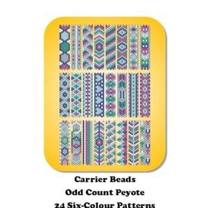 Op de afbeelding: Een diagram met 24 verschillende kralenpatronen voor dragerkralen. De patronen zijn allemaal in een zeskleurige kleurstelling en zijn gemaakt met oneven peyote-steek. Het diagram heeft de titel "Carrier Beads Odd Count Peyote 24 Six-Colour Patterns Colourway 2 (with Word Charts) an original design by Zannah Makes".