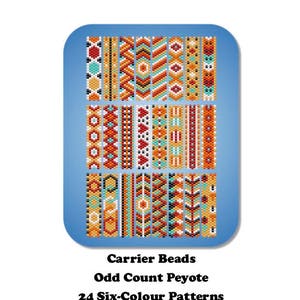 Op de afbeelding: Een digitale download van 24 kralenpatronen voor oneven peyote-steek. De patronen zijn in zes kleuren en bevatten geometrische ontwerpen. De patronen zijn gelabeld "Carrier Beads Odd Count Peyote 24 Six-Colour Patterns Colourway 2 (with Word Charts)" en zijn een origineel ontwerp van Zannah Makes.