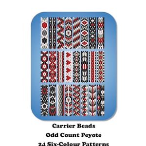Op de afbeelding: Een digitale download van 24 kralenpatronen voor oneven peyote-steek. De patronen zijn in zes kleuren en bevatten geometrische ontwerpen. De patronen zijn gelabeld "Carrier Beads Odd Count Peyote 24 Six-Colour Patterns Colourway 1 (with Word Charts)" en zijn een origineel ontwerp van Zannah Makes.