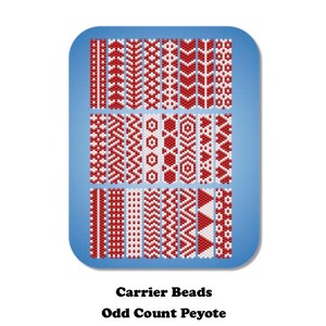 Op de afbeelding: Een digitale download van 24 tweekleurige kralenpatronen voor oneven peyote-steek. De patronen worden weergegeven als een diagram van rode en witte kralen. De titel "Carrier Beads Odd Count Peyote 24 Two-Colour Patterns (with Word Charts) an original design by ZannahMakes" is opgenomen in de afbeelding.