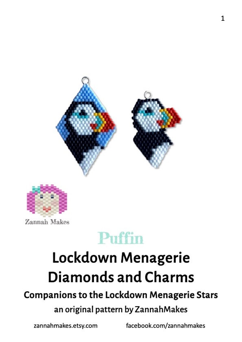 Brick Stitch Puffin Charm, beaded diamond shape, earrings, charm bracelet. Goes with the Lockdown Menagerie Circus of Puffins Star image 6