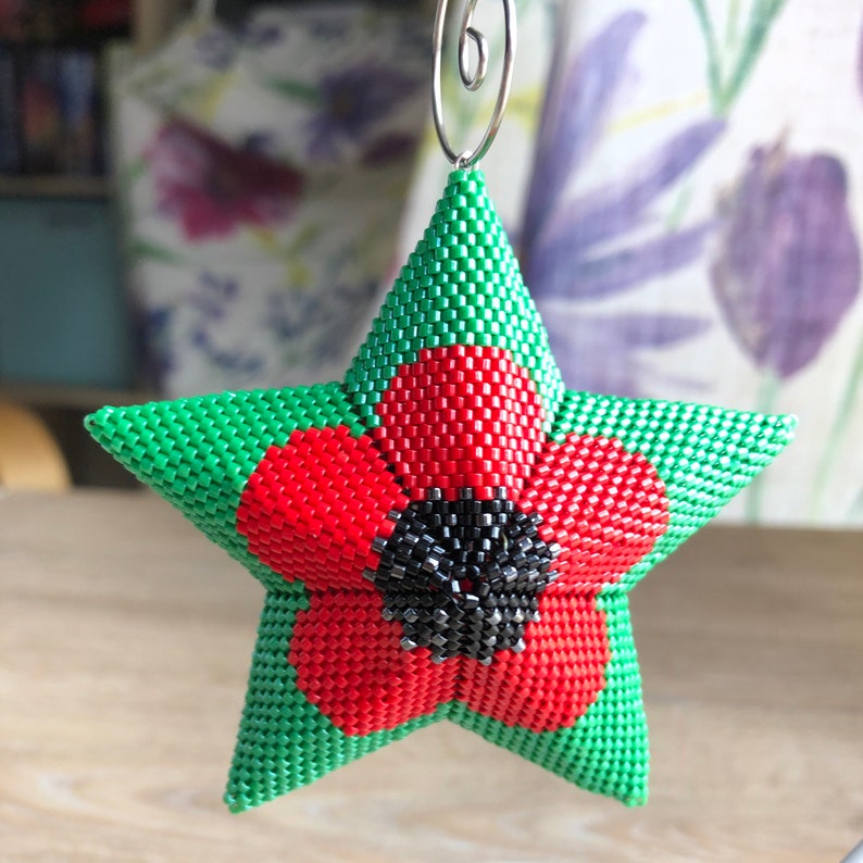 3D Peyote Poppy Warped Square Star, Hanging ornament, New video style pattern, Geometric Beading Pattern, Remembrance Star image 7