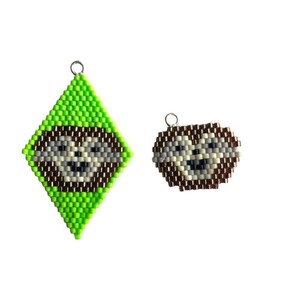 May include: Two beaded sloth charms, one green and one brown. The green charm is diamond-shaped and the brown charm is oval.